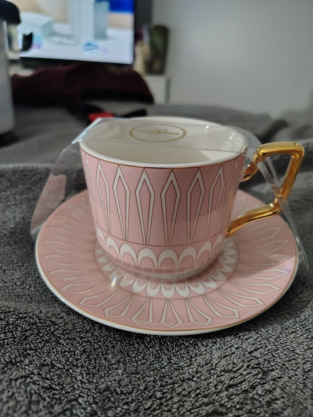 Pink And Gold Porcelain Tea Cup and Saucer Geometric Designs